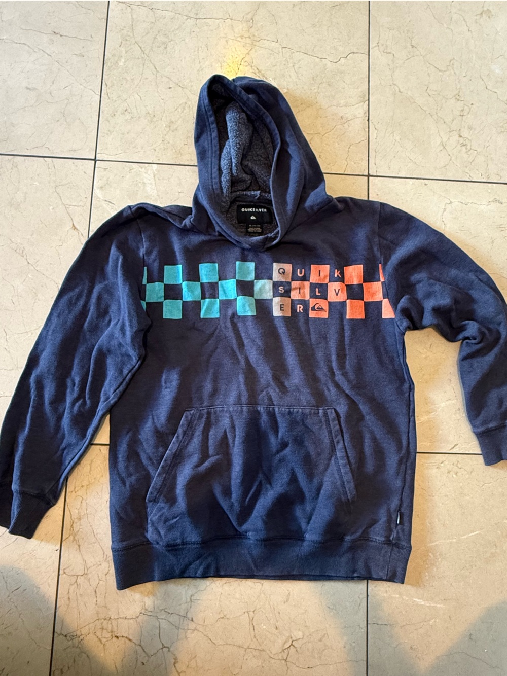 Quicksilver Navy Blue Sweatshirt with Orange & Teal Checkerboard